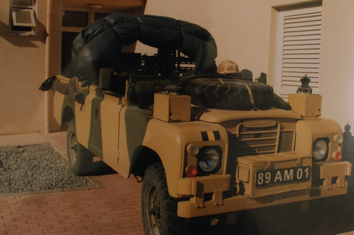 Land Rover in Desert Camouflage paint, British Army vehicle as used by the Royal Anglian Regiment in the 1990s. Land Rover in Desert Camouflage paint, British Army vehicle as used by the Royal Anglian Regiment in the 1990s.