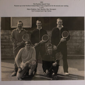 2nd Battalion, Royal Anglian Regiment, Squash Team in 1982. Runners Up in he Northern Ireland Major Units competition 2nd Battalion, Royal Anglian Regiment, Squash Team in 1982. Runners Up in he Northern Ireland Major Units competition