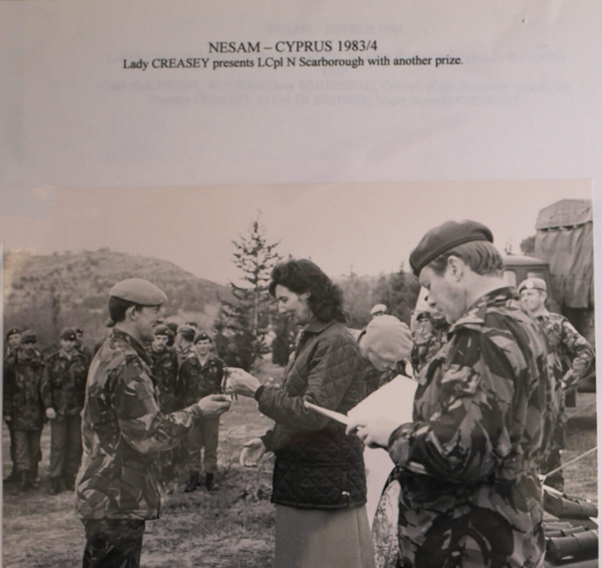 NESAM Cyprus 1983/84. Lady Creasey presents Lance Corporal N Scarborough a prize. NESAM Cyprus 1983/84. Lady Creasey presents Lance Corporal N Scarborough a prize.