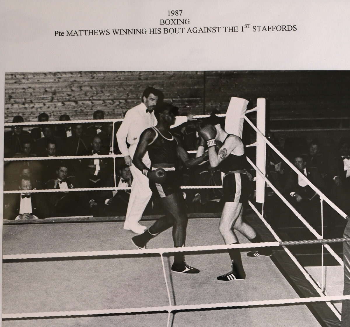 Private Matthews winning his bout against 1st Staffords. Private Matthews winning his bout against 1st Staffords.