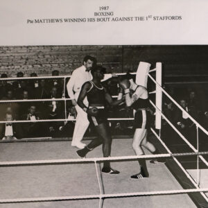 Private Matthews winning his bout against 1st Staffords. Private Matthews winning his bout against 1st Staffords.