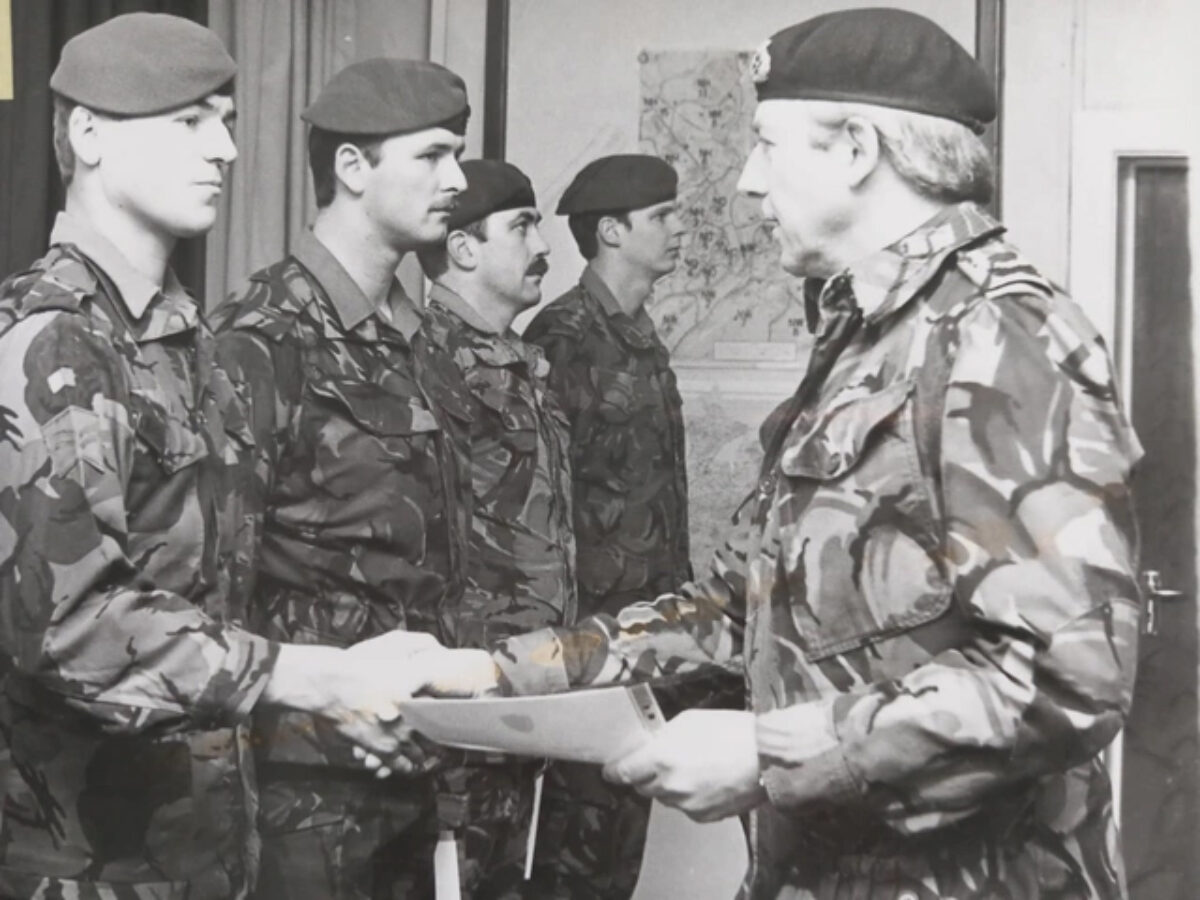 Proud soldiers, from the 1st Battalion, Royal Anglian Regiment, Northern Ireland in 1987. Lieutenant Andy Wiles, Warrant Officer Class Two (CSM) Tony Jones, Private Kellett and Corporal Saunder, seen here lined up to receive a certificate from Lieutenant General Sir Robert Pascoe. Proud soldiers, from the 1st Battalion, Royal Anglian Regiment, Northern Ireland in 1987. Lieutenant Andy Wiles, Warrant Officer Class Two (CSM) Tony Jones, Private Kellett and Corporal Saunder, seen here lined up to receive a certificate from Lieutenant General Sir Robert Pascoe.