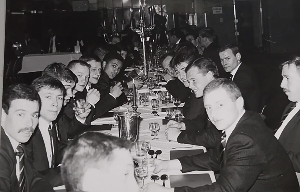 This photograph is entitled 'All work no play is not the Pompadour's way. We like to party when we are not working and have a good relaxing drink with our mates.' It is attributed to 1986/7.