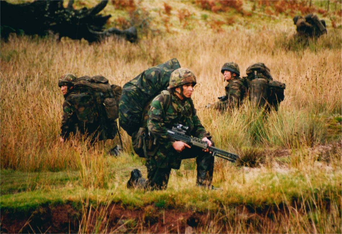 Live firing exercise with the 2nd Battalion Royal Anglian Regiment, British Army at Sennybridge in Wales in 2001.