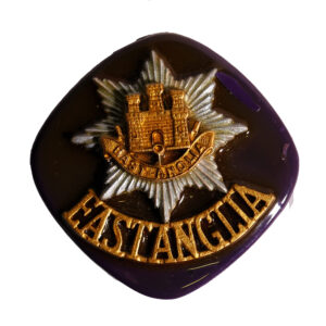 East Anglia Regiment cap badge and title on a stone. Handcrafted by Mr H George. 