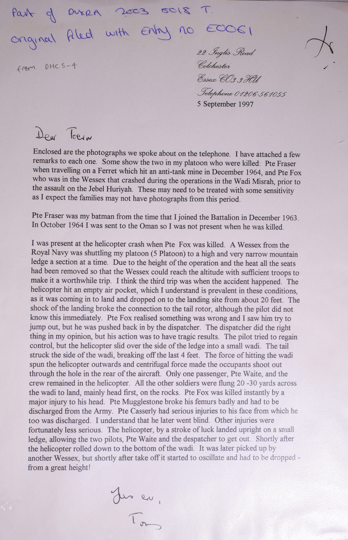 Letter reference Aden photos 1964 East Anglia Regiment