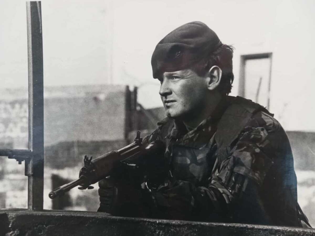 Private Pete Howe of B Company, 1st Battalion, Royal Anglian Regiment, captured, looking pensive, while on duty in Londonderry.