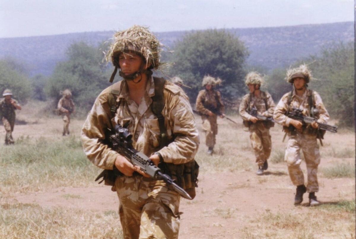 Here we have a great action shot of the 1st Battalion, Royal Anglian Regiment patrolling in Kenya on Exercise Grand Prix in 1998. Here we have a great action shot of the 1st Battalion, Royal Anglian Regiment patrolling in Kenya on Exercise Grand Prix in 1998.