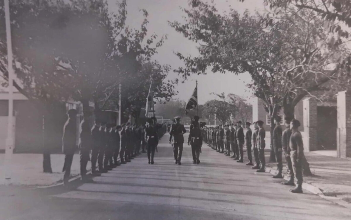 Entitled 'History Repeats Itself'. Colours of the 4th Battalion being paraded before the Junior Leaders at Bassingbourn Barracks. Centre rear is WO1 (RSM) David Benham. Entitled 'History Repeats Itself'. Colours of the 4th Battalion being paraded before the Junior Leaders at Bassingbourn Barracks. Centre rear is WO1 (RSM) David Benham.