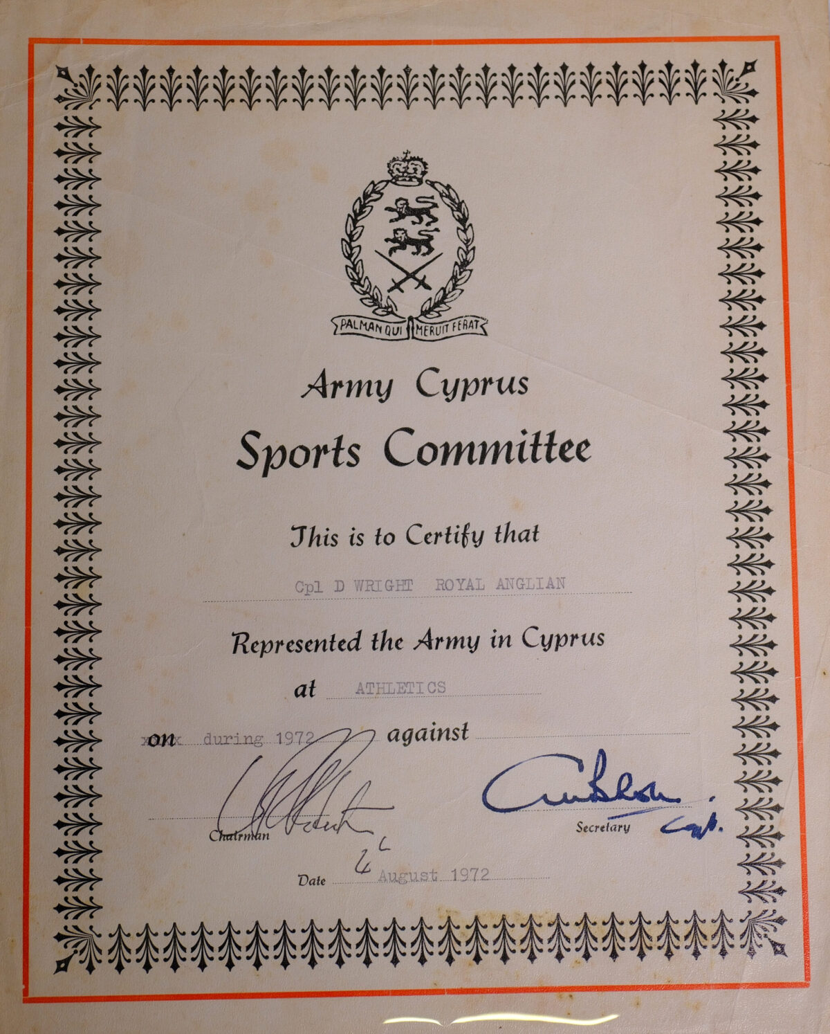 Army Sports Certificate