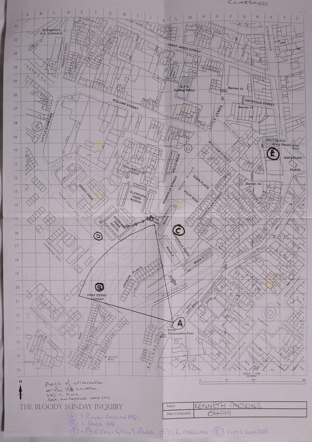 Map of the Bloody Sunday area in 1972. Used during an enquiry.