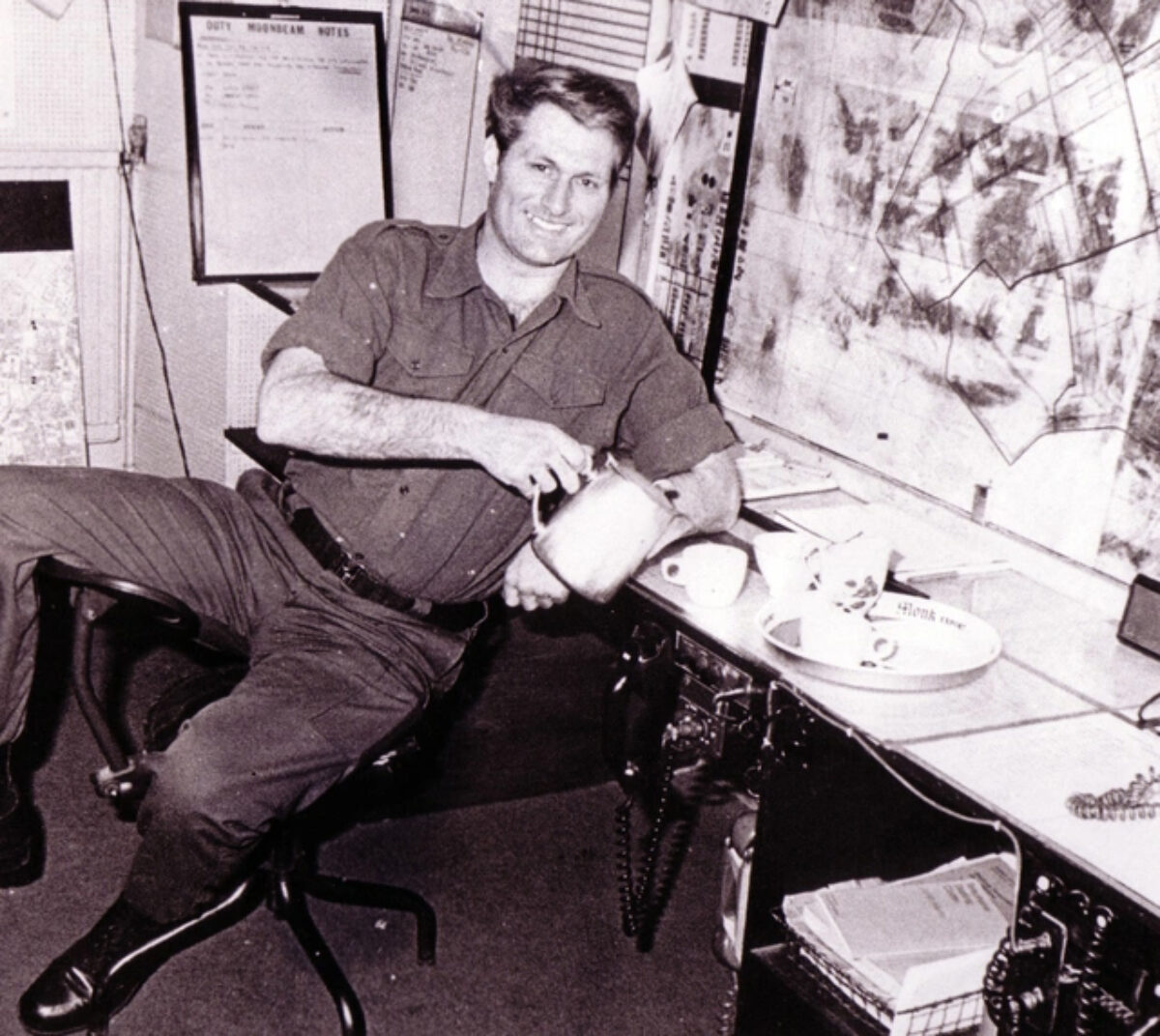 Drum Major Ray West, 2nd Battalion Royal Anglian Regiment, enjoying a bit of tea in the ops room in Belfast at sometime in 1975. Drum Major Ray West, 2nd Battalion Royal Anglian Regiment, enjoying a bit of tea in the ops room in Belfast at sometime in 1975.
