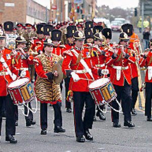 Soldiers from the 2nd Battalion Royal Anglian Regiment march through Leicester city centre. The scene in Town Hall Square. On 20 March 2007.