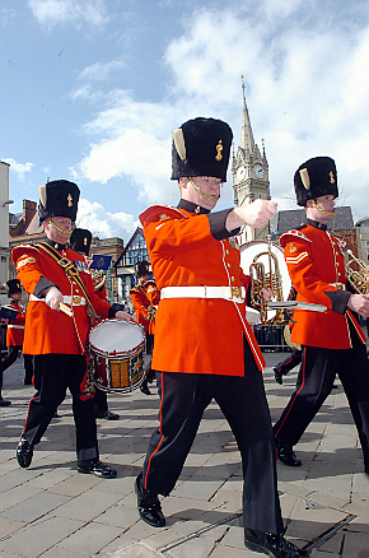 Soldiers from the 2nd Battalion Royal Anglian Regiment march through Leicester city centre. The scene in Town Hall Square. On 20 March 2007.
