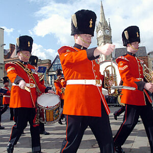 Soldiers from the 2nd Battalion Royal Anglian Regiment march through Leicester city centre. The scene in Town Hall Square. On 20 March 2007.