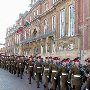 Soldiers from the 2nd Battalion Royal Anglian Regiment march through Leicester city centre. The scene in Town Hall Square. On 20 March 2007.