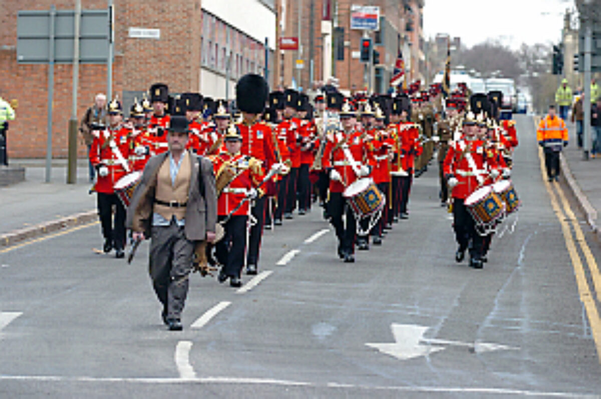 Soldiers from the 2nd Battalion Royal Anglian Regiment march through Leicester city centre. The scene in Town Hall Square. On 20 March 2007.