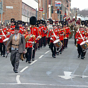Soldiers from the 2nd Battalion Royal Anglian Regiment march through Leicester city centre. The scene in Town Hall Square. On 20 March 2007.
