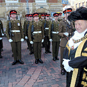 Soldiers from the 2nd Battalion Royal Anglian Regiment march through Leicester city centre. The scene in Town Hall Square. On 20 March 2007.