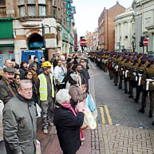 Soldiers from the 2nd Battalion Royal Anglian Regiment march through Leicester city centre. The scene in Town Hall Square. On 20 March 2007.