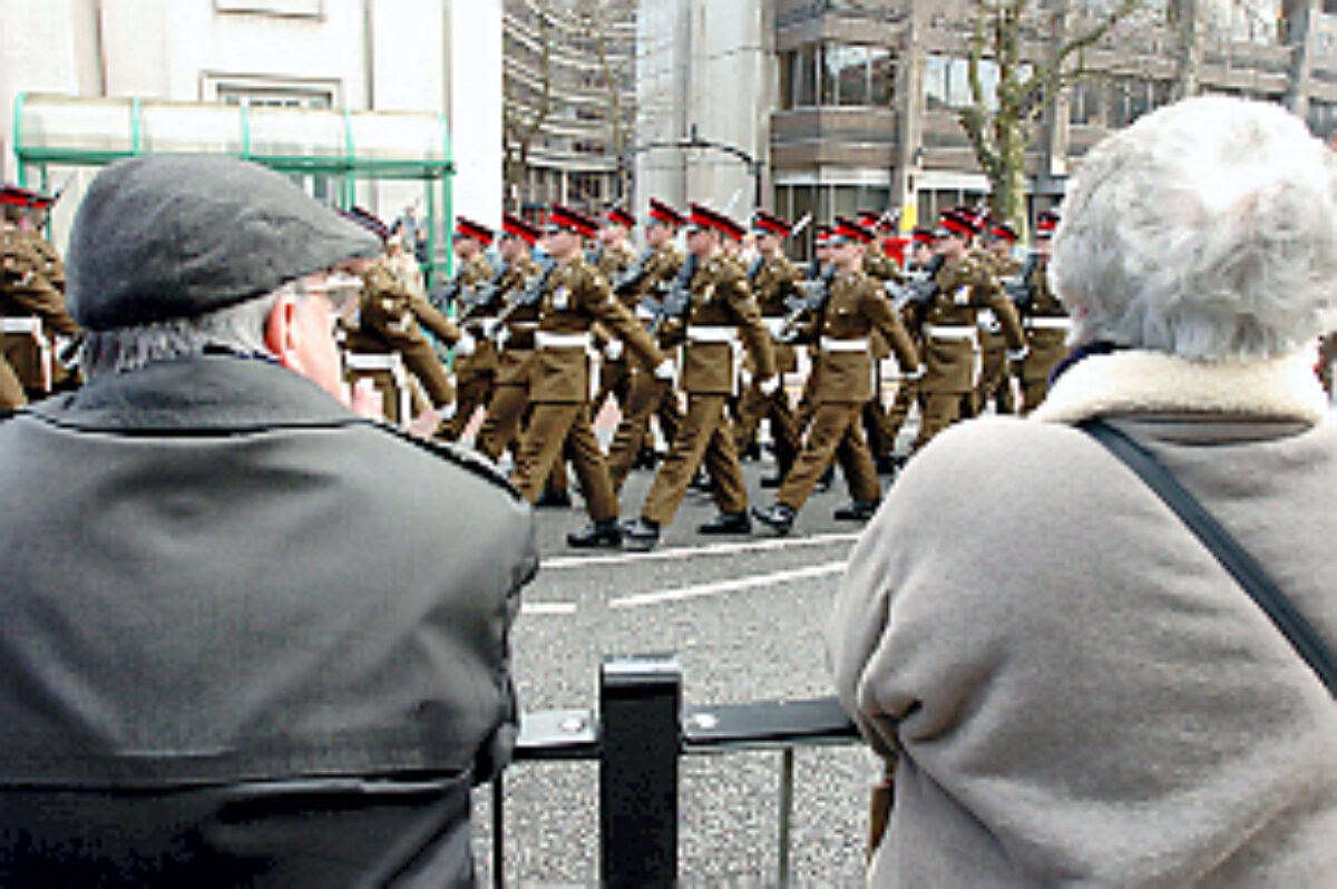 Soldiers from the 2nd Battalion Royal Anglian Regiment march through Leicester city centre. The scene in Town Hall Square. On 20 March 2007.