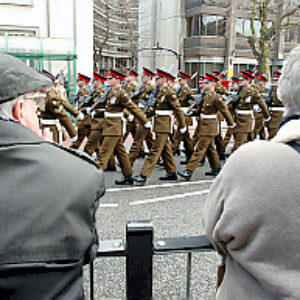 Soldiers from the 2nd Battalion Royal Anglian Regiment march through Leicester city centre. The scene in Town Hall Square. On 20 March 2007.