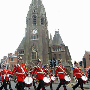 Soldiers from the 2nd Battalion Royal Anglian Regiment march through Leicester city centre. The scene in Town Hall Square. On 20 March 2007.
