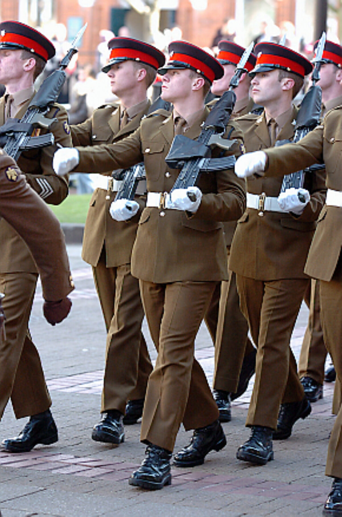 Soldiers from the 2nd Battalion Royal Anglian Regiment march through Leicester city centre. The scene in Town Hall Square. On 20 March 2007.