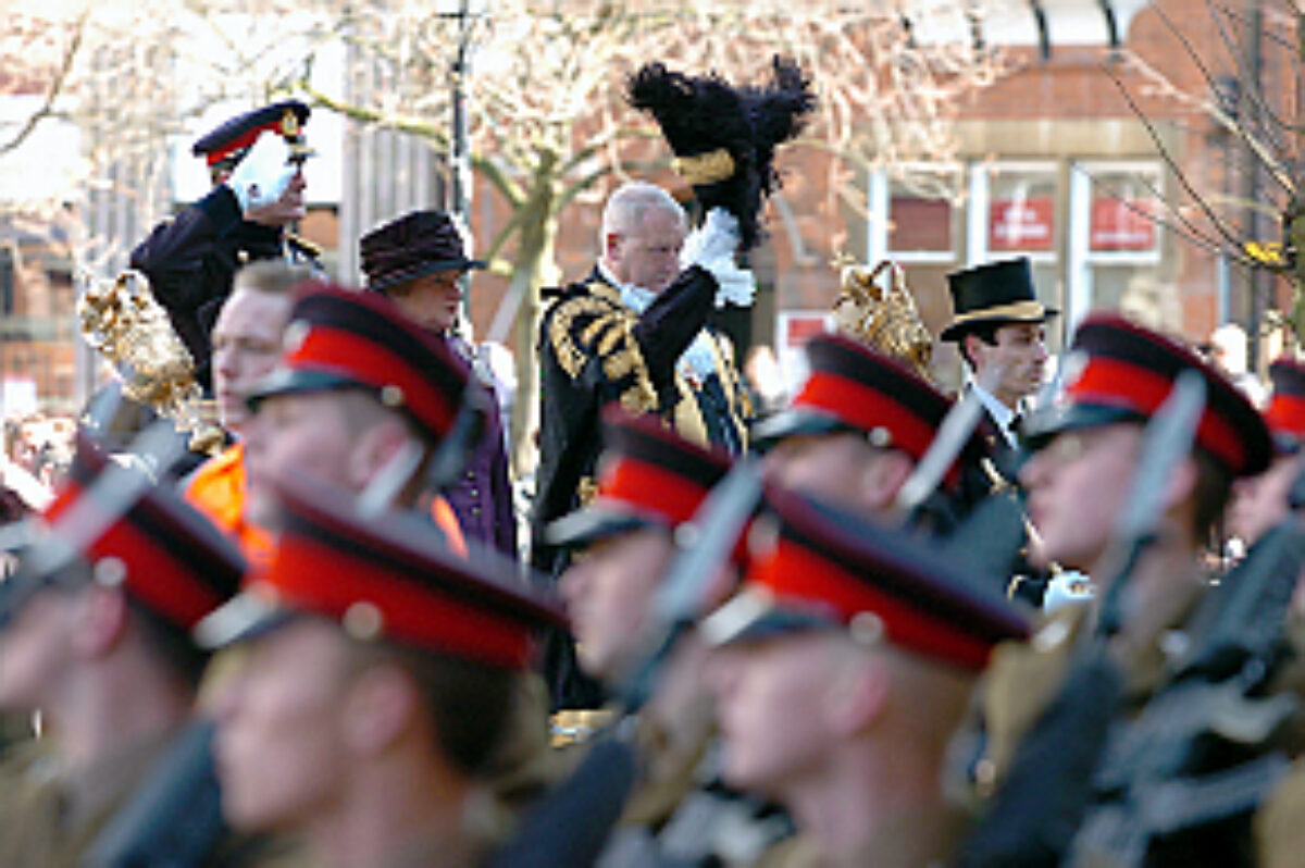 Soldiers from the 2nd Battalion Royal Anglian Regiment march through Leicester city centre. The scene in Town Hall Square. On 20 March 2007.