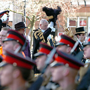 Soldiers from the 2nd Battalion Royal Anglian Regiment march through Leicester city centre. The scene in Town Hall Square. On 20 March 2007.