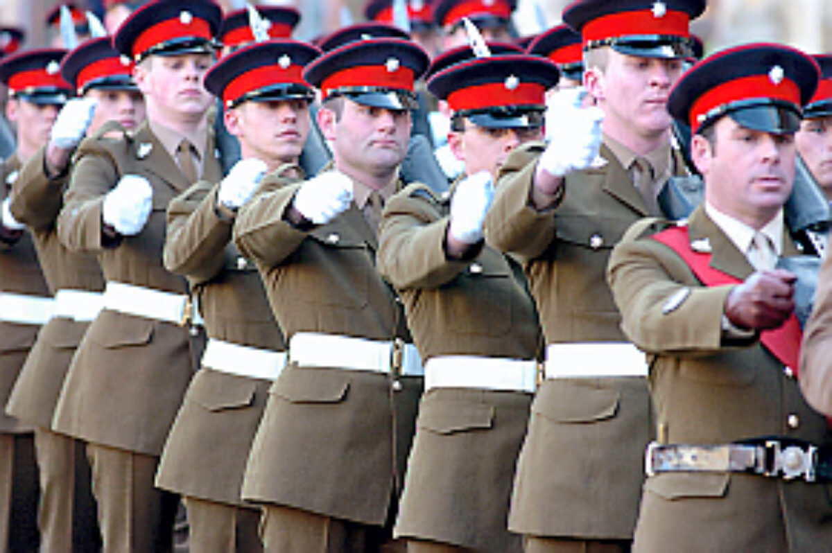 Soldiers from the 2nd Battalion Royal Anglian Regiment march through Leicester city centre. The scene in Town Hall Square. On 20 March 2007.