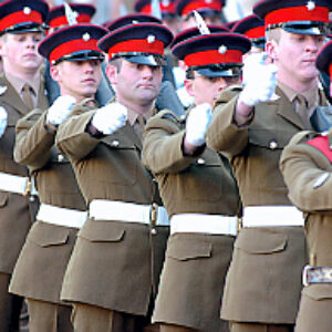 Soldiers from the 2nd Battalion Royal Anglian Regiment march through Leicester city centre. The scene in Town Hall Square. On 20 March 2007.