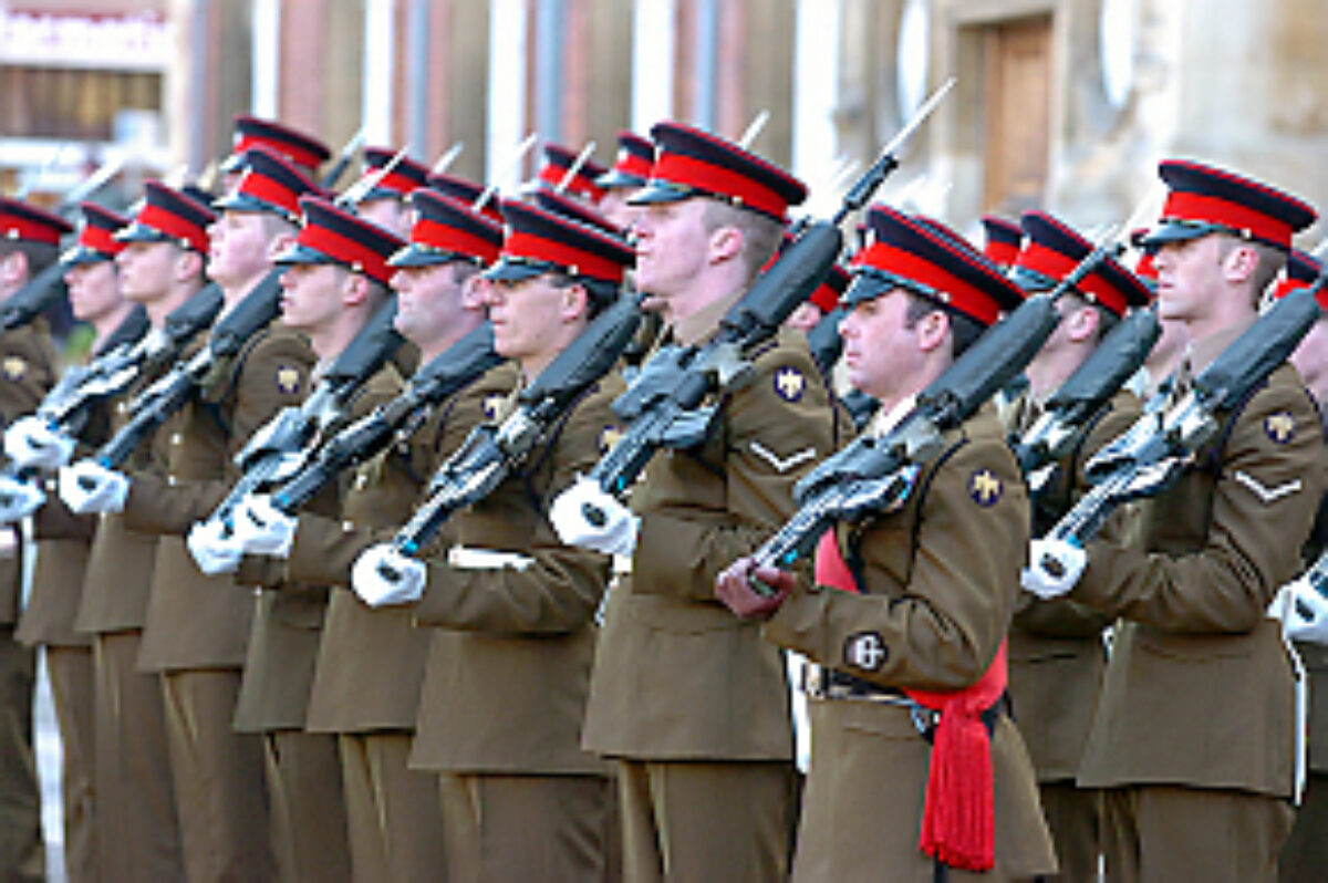 Soldiers from the 2nd Battalion Royal Anglian Regiment march through Leicester city centre. The scene in Town Hall Square. On 20 March 2007.