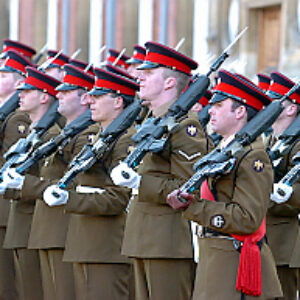 Soldiers from the 2nd Battalion Royal Anglian Regiment march through Leicester city centre. The scene in Town Hall Square. On 20 March 2007.