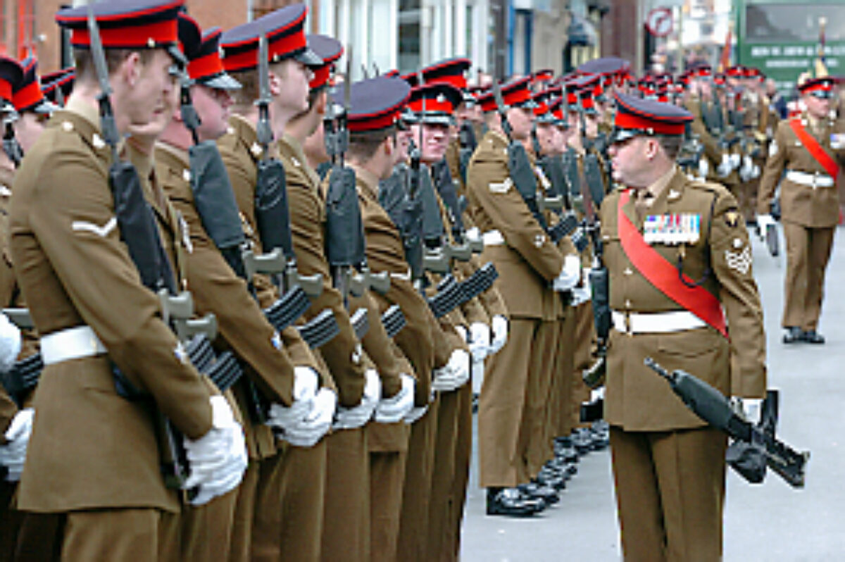Soldiers from the 2nd Battalion Royal Anglian Regiment march through Leicester city centre. The scene in Town Hall Square. On 20 March 2007.
