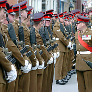 Soldiers from the 2nd Battalion Royal Anglian Regiment march through Leicester city centre. The scene in Town Hall Square. On 20 March 2007.
