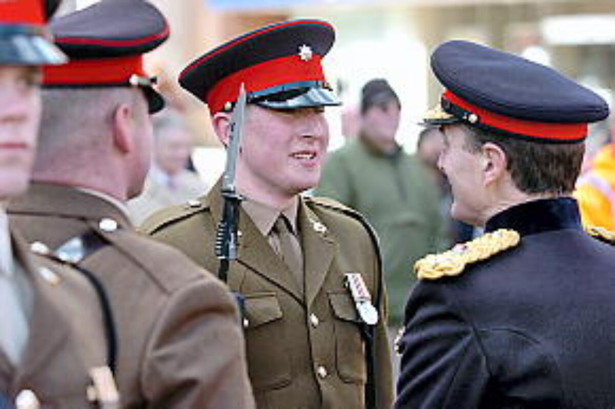 Soldiers from the 2nd Battalion Royal Anglian Regiment march through Leicester city centre. The scene in Town Hall Square. On 20 March 2007.
