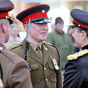 Soldiers from the 2nd Battalion Royal Anglian Regiment march through Leicester city centre. The scene in Town Hall Square. On 20 March 2007.