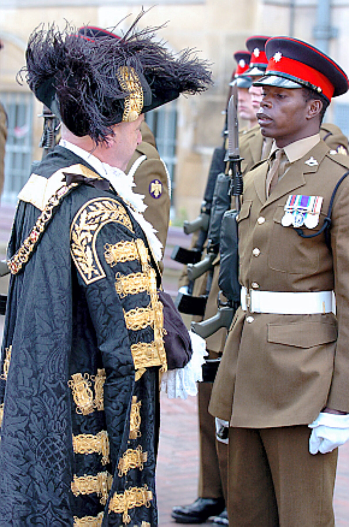 Soldiers from the 2nd Battalion Royal Anglian Regiment march through Leicester city centre. The scene in Town Hall Square. On 20 March 2007.