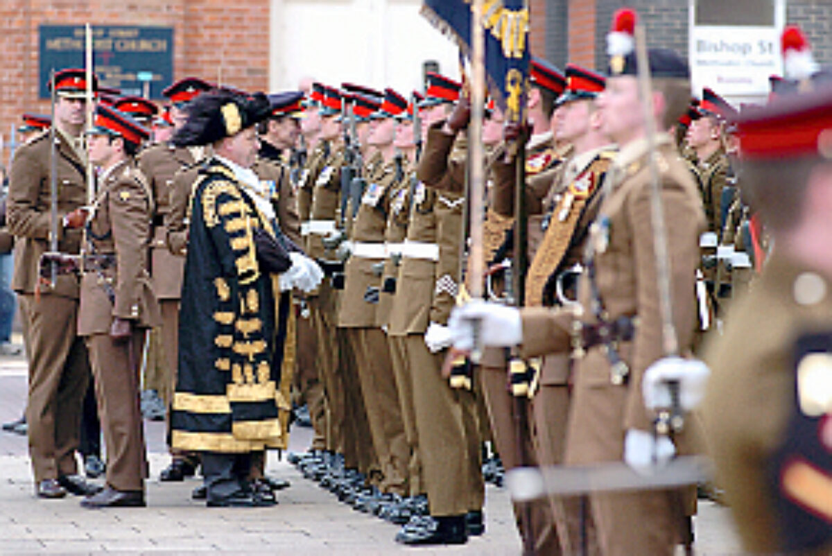 Soldiers from the 2nd Battalion Royal Anglian Regiment march through Leicester city centre. The scene in Town Hall Square. On 20 March 2007.