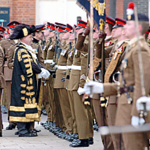Soldiers from the 2nd Battalion Royal Anglian Regiment march through Leicester city centre. The scene in Town Hall Square. On 20 March 2007.