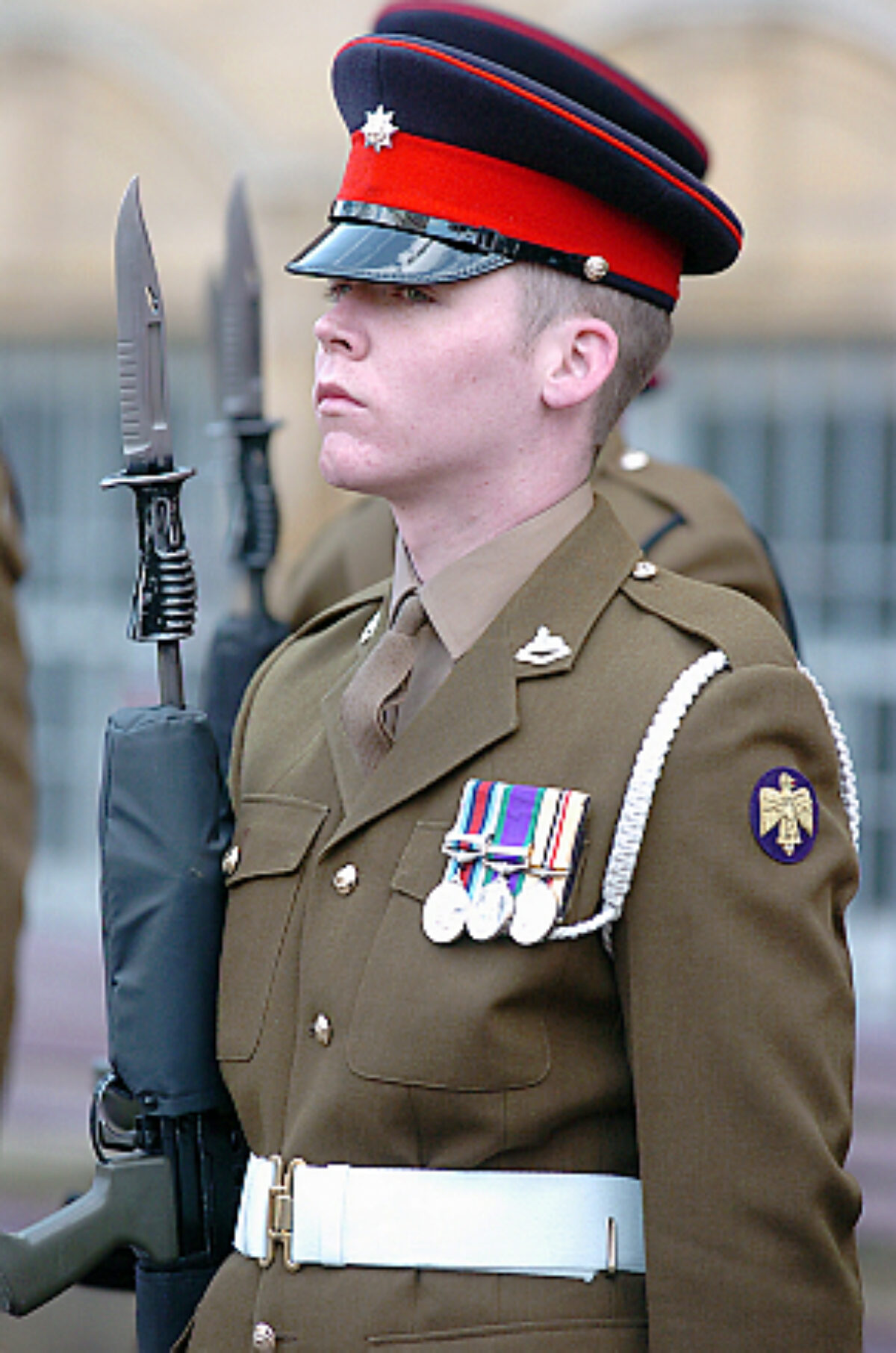 Soldiers from the 2nd Battalion Royal Anglian Regiment march through Leicester city centre. The scene in Town Hall Square. On 20 March 2007.