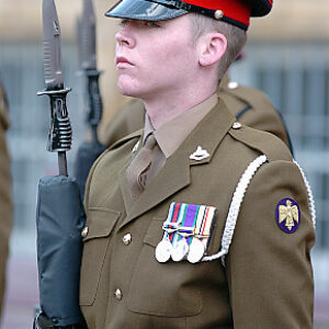 Soldiers from the 2nd Battalion Royal Anglian Regiment march through Leicester city centre. The scene in Town Hall Square. On 20 March 2007.