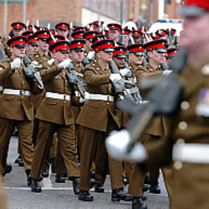 Soldiers from the 2nd Battalion Royal Anglian Regiment march through Leicester city centre. The scene in Town Hall Square. On 20 March 2007.