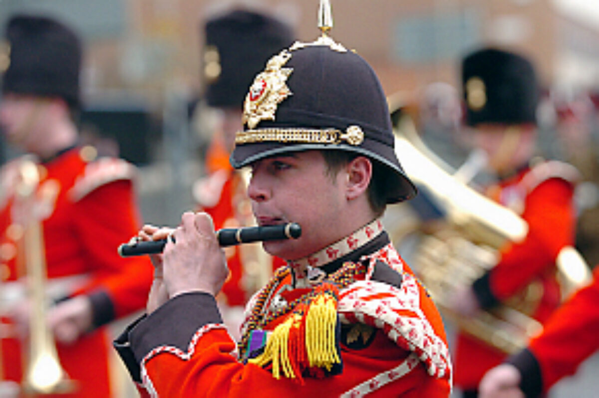 Soldiers from the 2nd Battalion Royal Anglian Regiment march through Leicester city centre. The scene in Town Hall Square. On 20 March 2007.