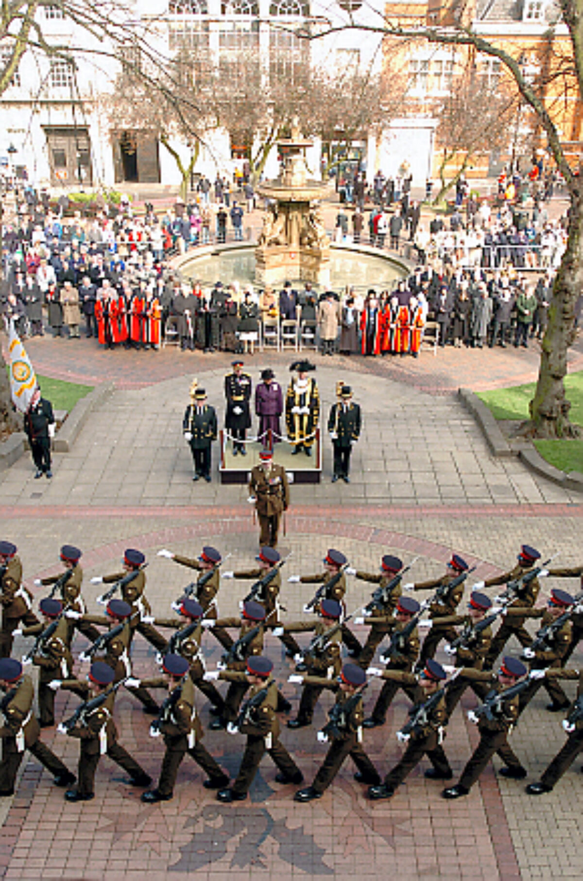 Soldiers from the 2nd Battalion Royal Anglian Regiment march through Leicester city centre. The scene in Town Hall Square. On 20 March 2007.