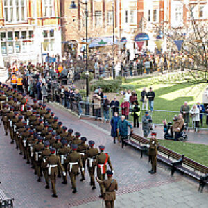 Soldiers from the 2nd Battalion Royal Anglian Regiment march through Leicester city centre. The scene in Town Hall Square. On 20 March 2007.