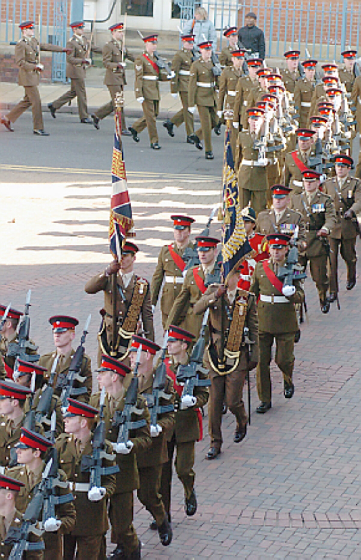 Soldiers from the 2nd Battalion Royal Anglian Regiment march through Leicester city centre. The scene in Town Hall Square. On 20 March 2007.