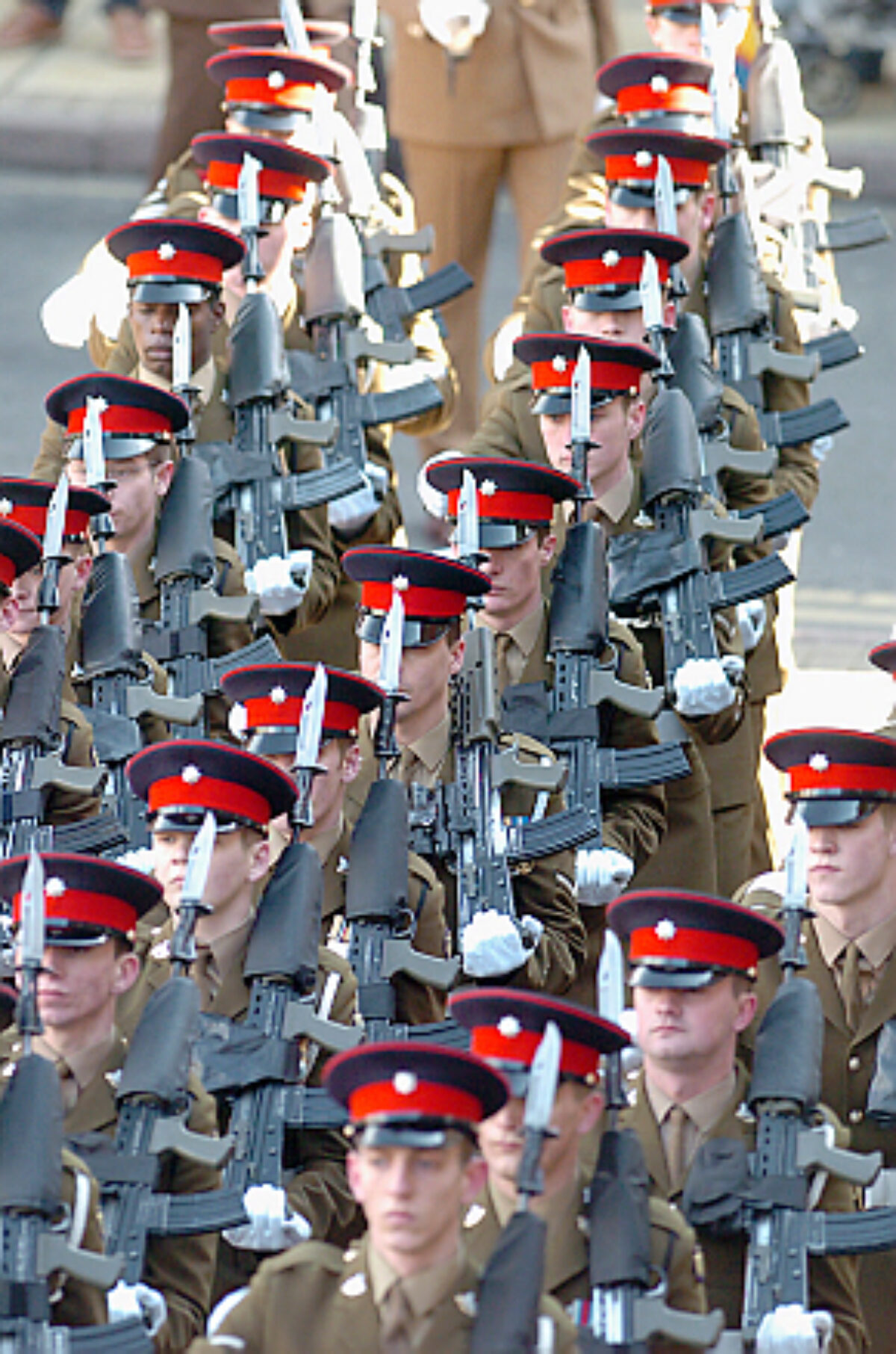 Soldiers from the 2nd Battalion Royal Anglian Regiment march through Leicester city centre. The scene in Town Hall Square. On 20 March 2007.