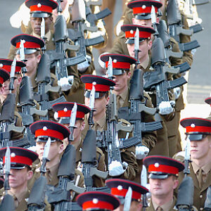 Soldiers from the 2nd Battalion Royal Anglian Regiment march through Leicester city centre. The scene in Town Hall Square. On 20 March 2007.